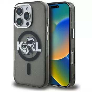 Karl Lagerfeld IML Glitter Karl & Choupette Sketch Logo funda MagSafe para iPhone 16 Pro Max negro