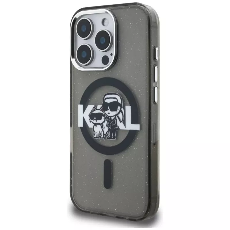 Karl Lagerfeld IML Glitter Karl & Choupette Sketch Logo funda MagSafe para iPhone 16 Pro Max negro