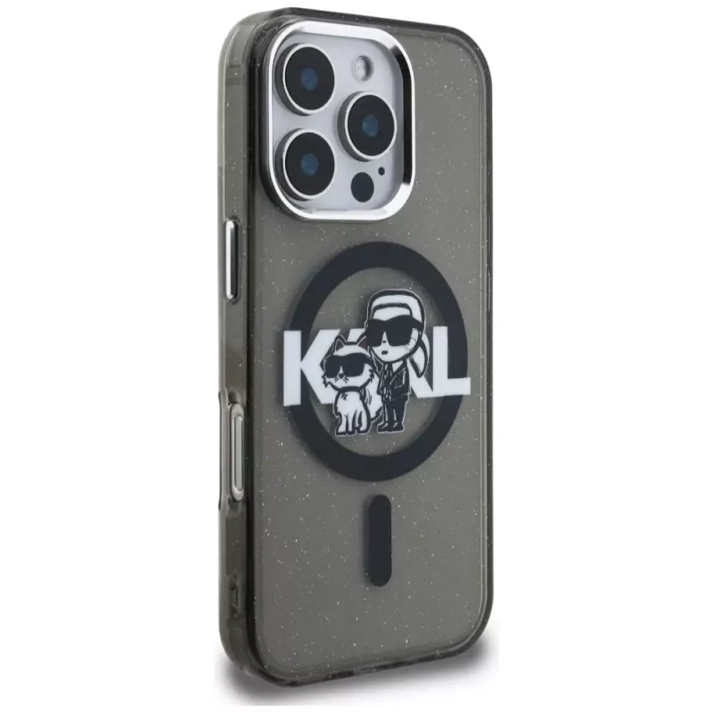 Karl Lagerfeld IML Glitter Karl & Choupette Sketch Logo funda MagSafe para iPhone 16 Pro Max negro