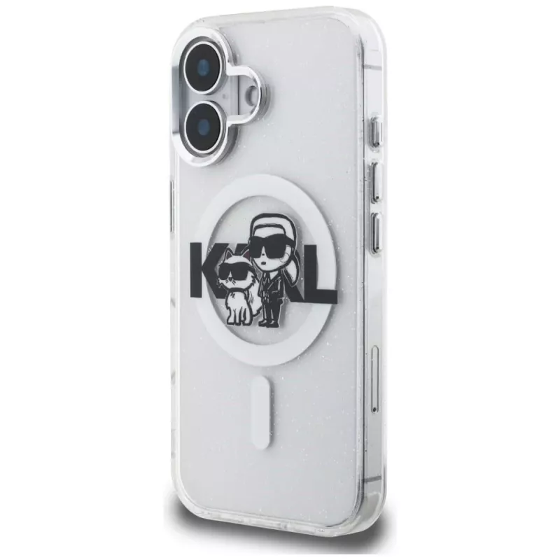 Karl Lagerfeld IML Glitter Karl & Choupette Sketch Logo funda MagSafe para iPhone 16, transparente