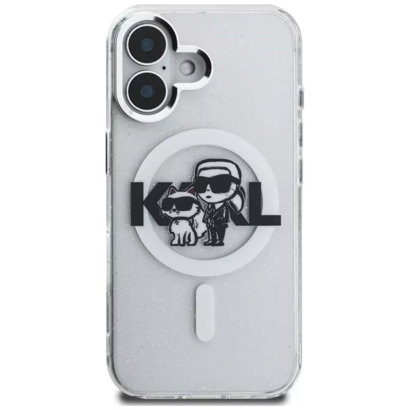 Karl Lagerfeld IML Glitter Karl & Choupette Sketch Logo funda MagSafe para iPhone 16, transparente