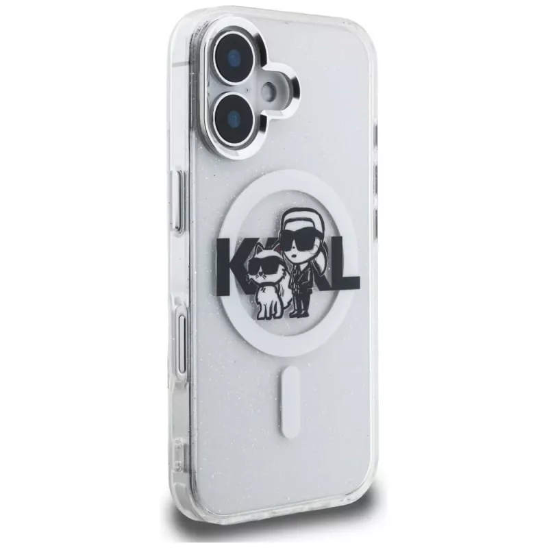 Karl Lagerfeld IML Glitter Karl & Choupette Sketch Logo funda MagSafe para iPhone 16, transparente