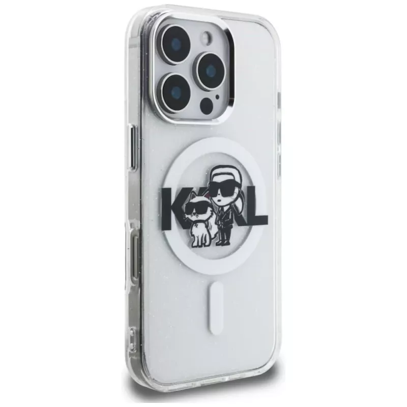 KARL LAGERFELD IML Glitter Karl & Choupette Sketch Logo funda MagSafe para iPhone 16 Pro, transparente