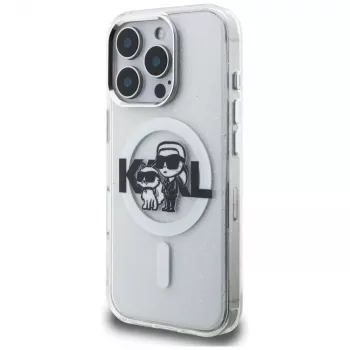 Karl Lagerfeld IML Glitter Karl & Choupette Sketch Logo funda MagSafe para iPhone 16 Pro Max transparente
