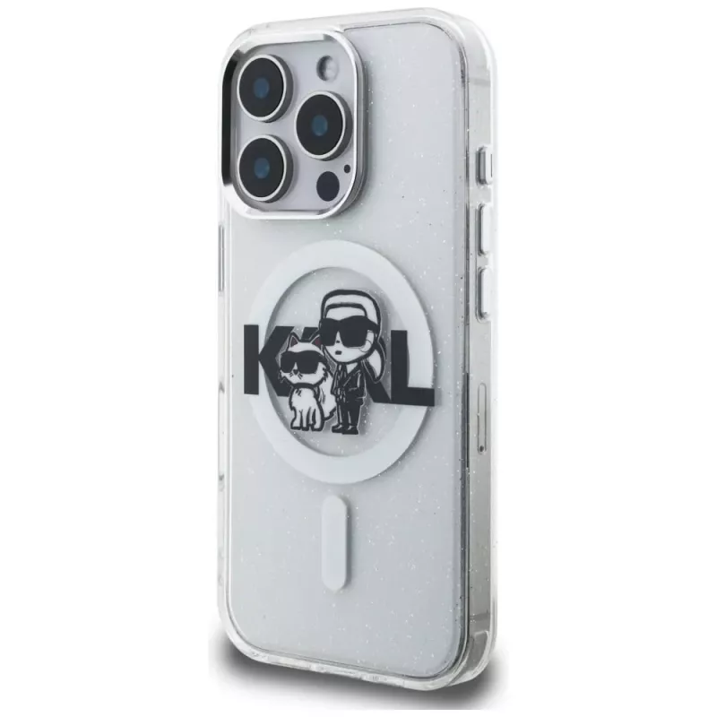 Karl Lagerfeld IML Glitter Karl & Choupette Sketch Logo funda MagSafe para iPhone 16 Pro Max transparente