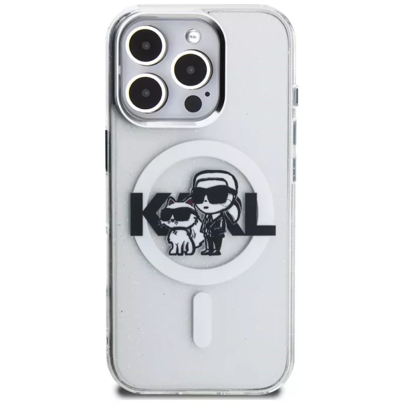 Karl Lagerfeld IML Glitter Karl & Choupette Sketch Logo funda MagSafe para iPhone 16 Pro Max transparente