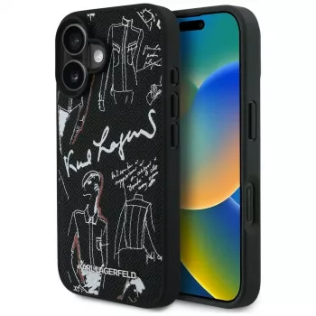 KARL LAGERFELD funda MagSafe Grained Pattern & Logo para iPhone 16, negro