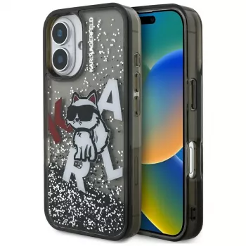 KARL LAGERFELD funda Liquid Glitter Choupette Logo para iPhone 16, negro