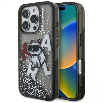 KARL LAGERFELD funda Liquid Glitter Choupette Logo para iPhone 16 Pro, negro
