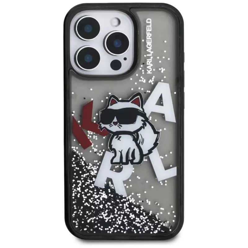 KARL LAGERFELD funda Liquid Glitter Choupette Logo para iPhone 16 Pro, negro