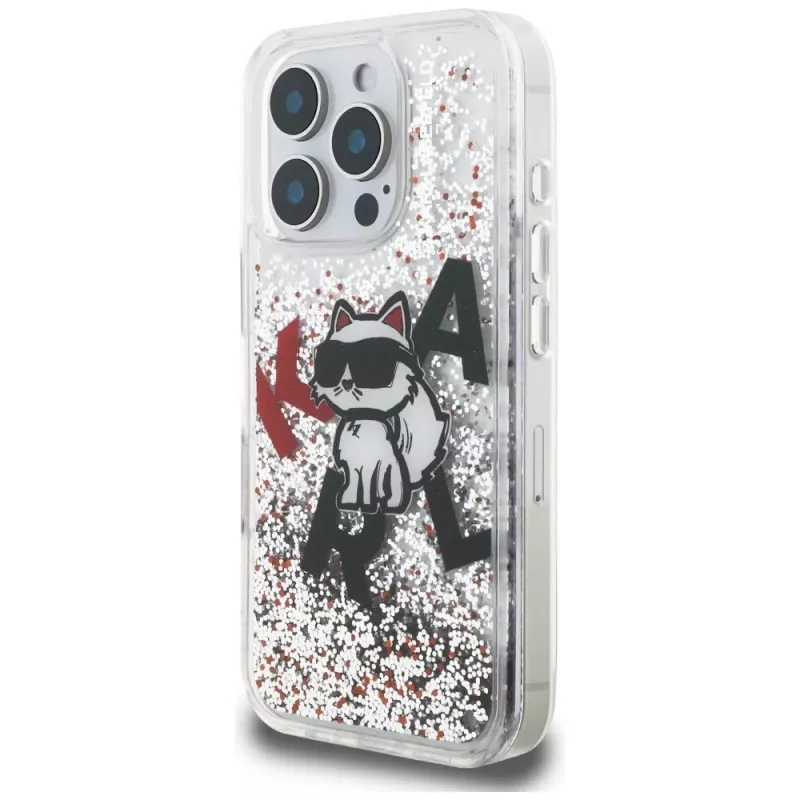 KARL LAGERFELD funda Liquid Glitter Choupette Logo para iPhone 16 Pro, transparente