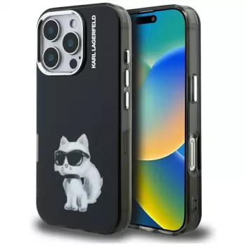 Karl Lagerfeld funda trasera IML Aquarelle Choupette & Logo para Apple iPhone 16 Pro, negro