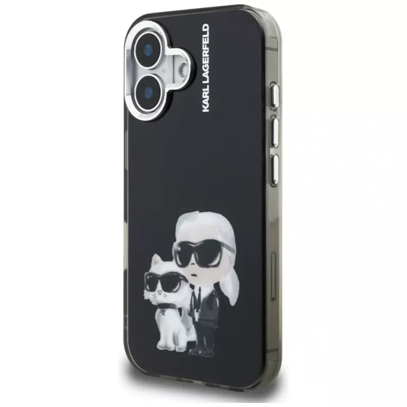KARL LAGERFELD funda trasera IML Aquarelle Karl & Choupette & Logo para Apple iPhone 16, negro