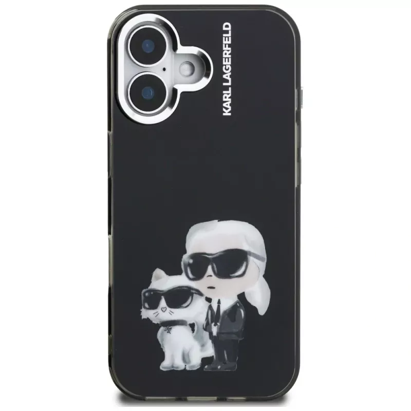 KARL LAGERFELD funda trasera IML Aquarelle Karl & Choupette & Logo para Apple iPhone 16, negro