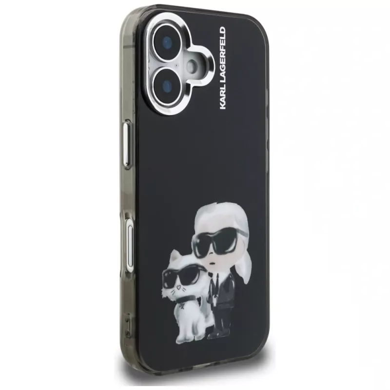 KARL LAGERFELD funda trasera IML Aquarelle Karl & Choupette & Logo para Apple iPhone 16, negro