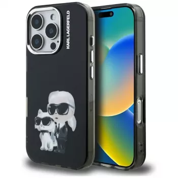 Karl Lagerfeld funda IML Aquarelle Karl & Choupette & Logo para Apple iPhone 16 Pro Max, negro