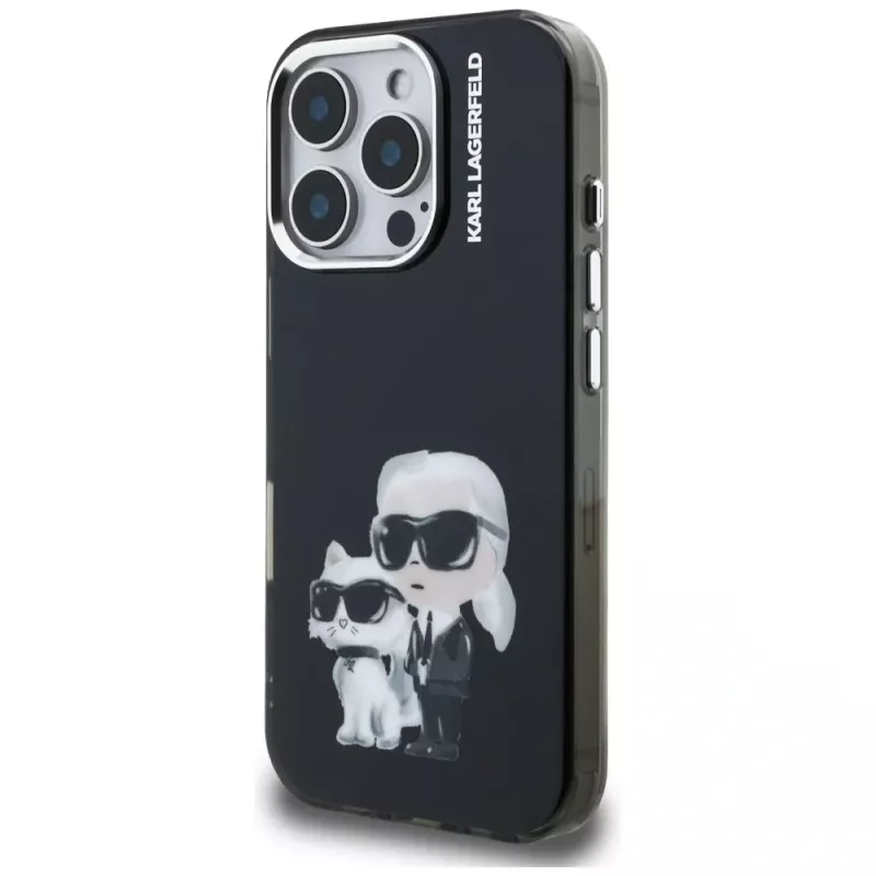 Karl Lagerfeld funda IML Aquarelle Karl & Choupette & Logo para Apple iPhone 16 Pro Max, negro