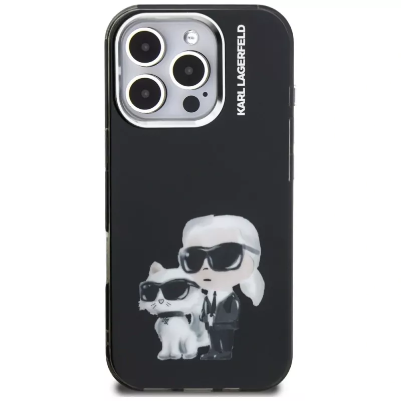 Karl Lagerfeld funda IML Aquarelle Karl & Choupette & Logo para Apple iPhone 16 Pro Max, negro