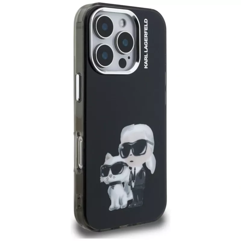 Karl Lagerfeld funda IML Aquarelle Karl & Choupette & Logo para Apple iPhone 16 Pro Max, negro