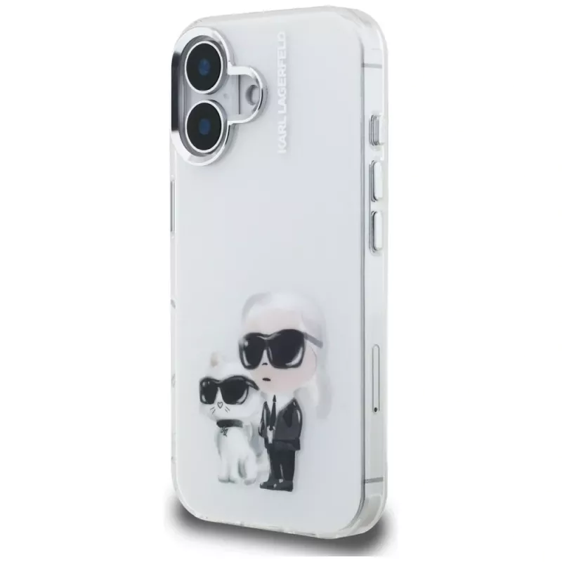 Karl Lagerfeld funda IML Aquarelle Karl & Choupette & Logo para Apple iPhone 16, blanco