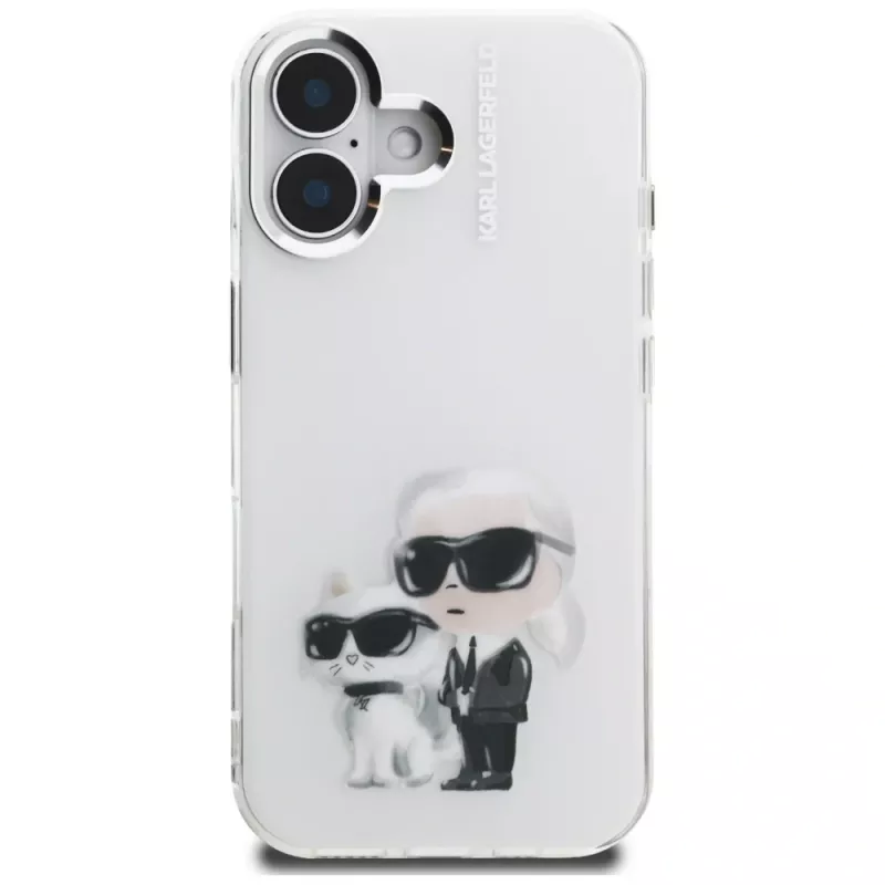 Karl Lagerfeld funda IML Aquarelle Karl & Choupette & Logo para Apple iPhone 16, blanco