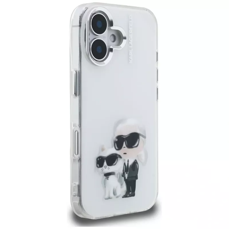 Karl Lagerfeld funda IML Aquarelle Karl & Choupette & Logo para Apple iPhone 16, blanco