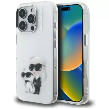 Karl Lagerfeld funda trasera IML Aquarelle Karl & Choupette & Logo para Apple iPhone 16 Pro, blanco