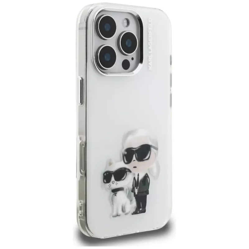 Karl Lagerfeld funda trasera IML Aquarelle Karl & Choupette & Logo para Apple iPhone 16 Pro, blanco
