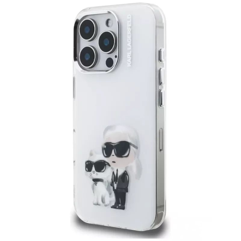 Karl Lagerfeld funda IML Aquarelle Karl & Choupette & Logo para iPhone 16 Pro Max blanco