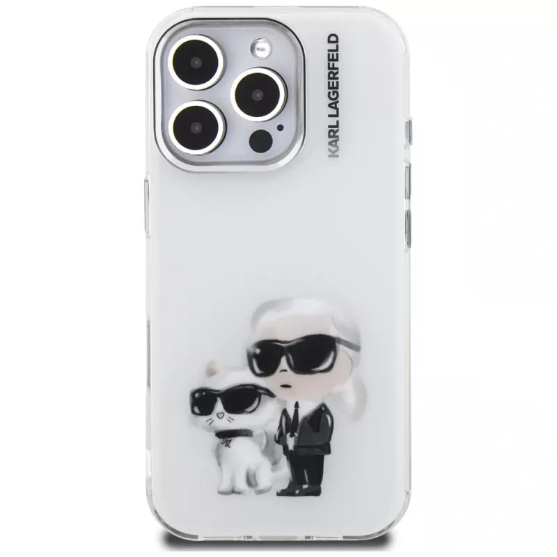 Karl Lagerfeld funda IML Aquarelle Karl & Choupette & Logo para iPhone 16 Pro Max blanco