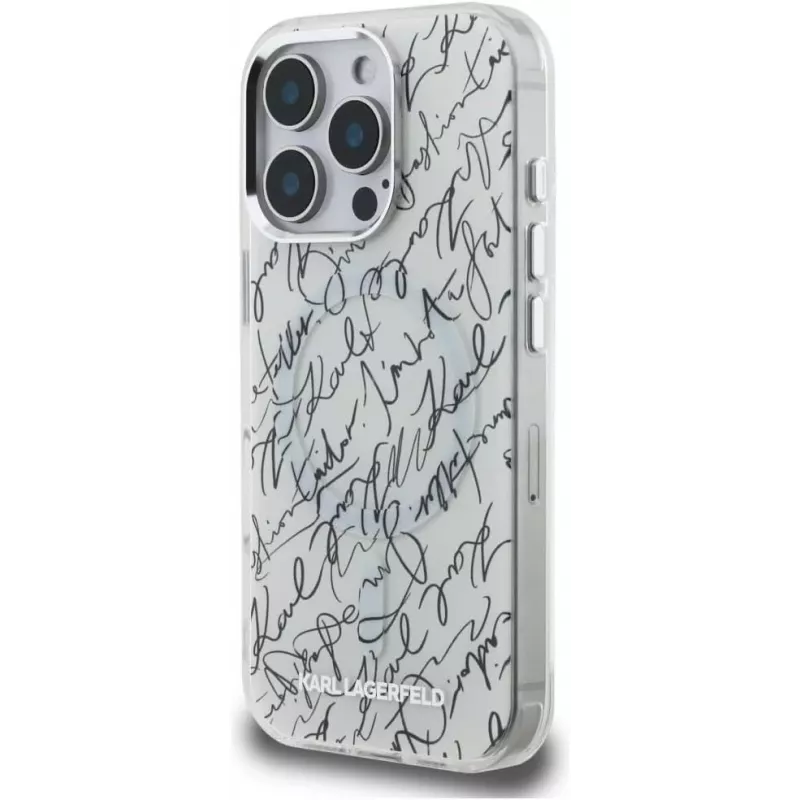 Karl Lagerfeld IML Karl ScriptPattern Funda MagSafe para Apple iPhone 16 Pro, Blanco