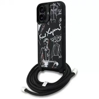 Karl Lagerfeld Crossbody GrainedPattern & Logo Funda para iPhone 16, Negro