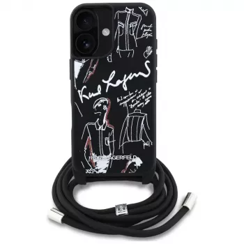 Karl Lagerfeld Crossbody GrainedPattern & Logo Funda para iPhone 16, Negro