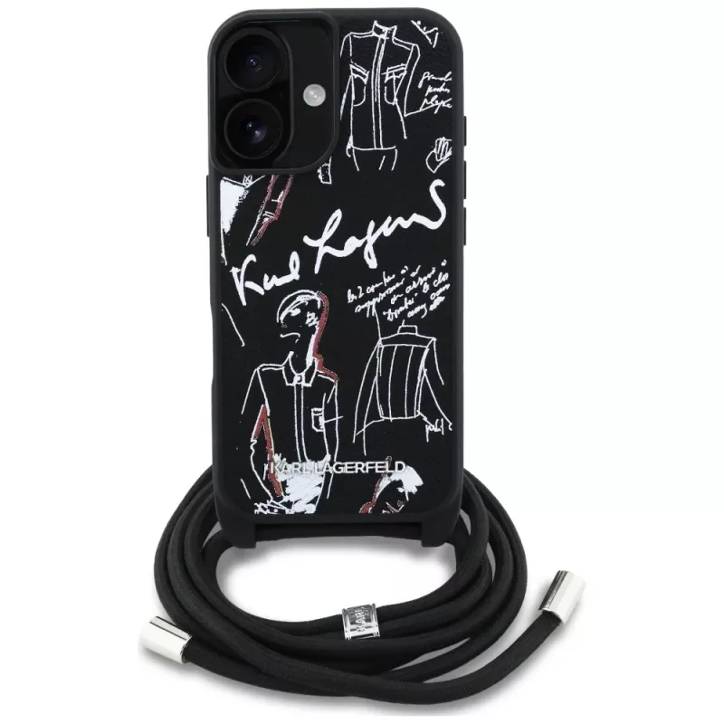 Karl Lagerfeld Crossbody GrainedPattern & Logo Funda para iPhone 16, Negro