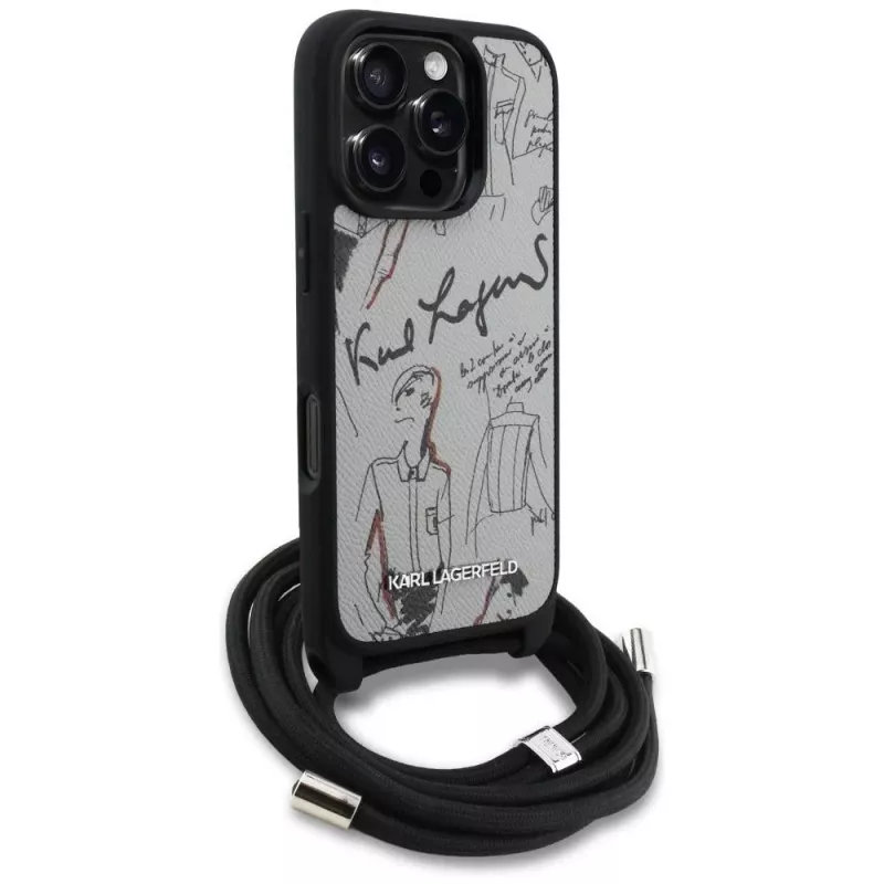 Karl Lagerfeld Crossbody GrainedPattern & Logo Funda para iPhone 16 Pro, Gris