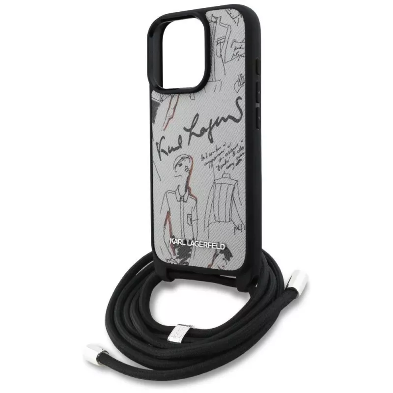Karl Lagerfeld Crossbody Funda con patrón grabado & logo para iPhone 16 Pro Max, Gris
