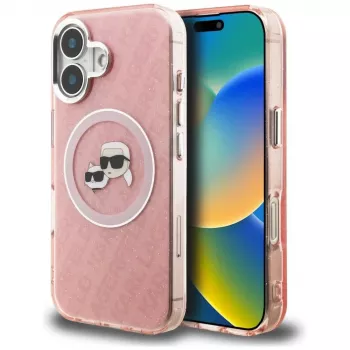 KARL LAGERFELD IML Glitter Karl & Choupette Heads Logo Funda MagSafe para Apple iPhone 16 - Rosa
