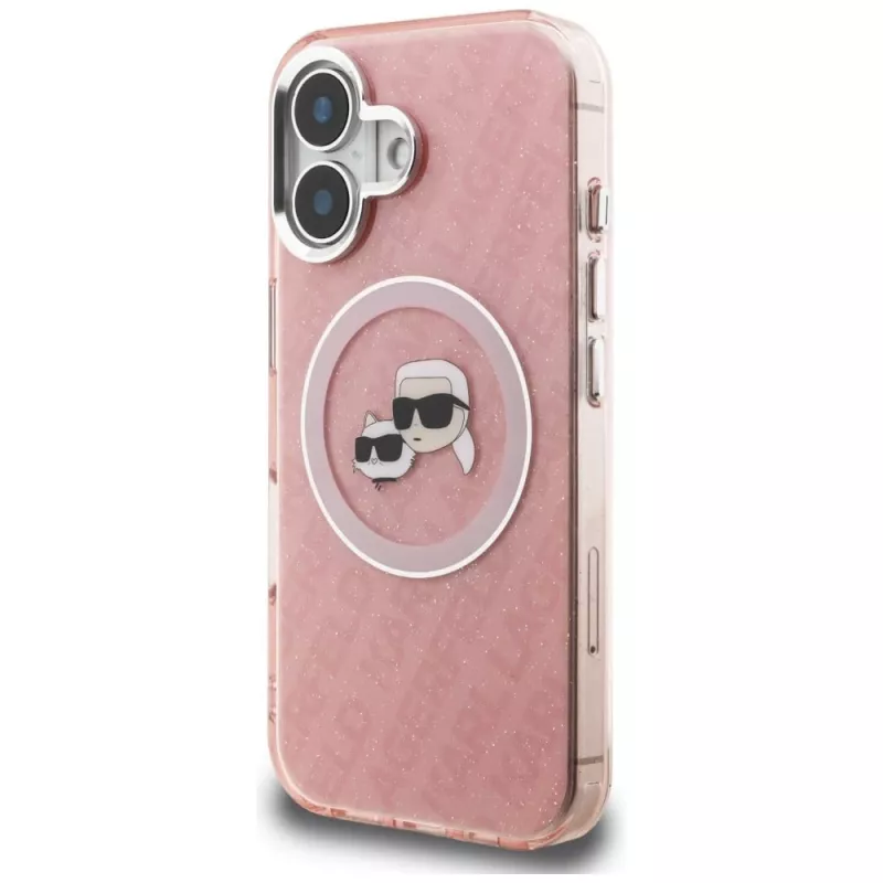 KARL LAGERFELD IML Glitter Karl & Choupette Heads Logo Funda MagSafe para Apple iPhone 16 - Rosa