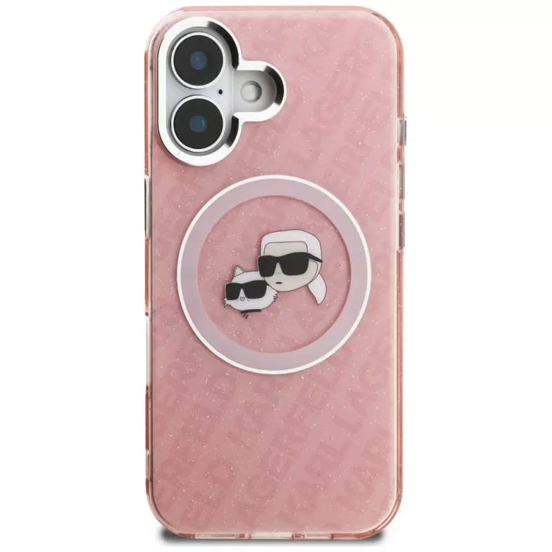 KARL LAGERFELD IML Glitter Karl & Choupette Heads Logo Funda MagSafe para Apple iPhone 16 - Rosa