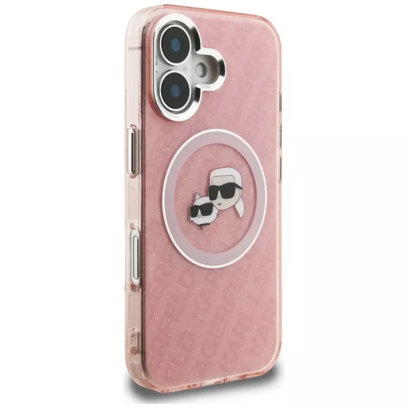 KARL LAGERFELD IML Glitter Karl & Choupette Heads Logo Funda MagSafe para Apple iPhone 16 - Rosa