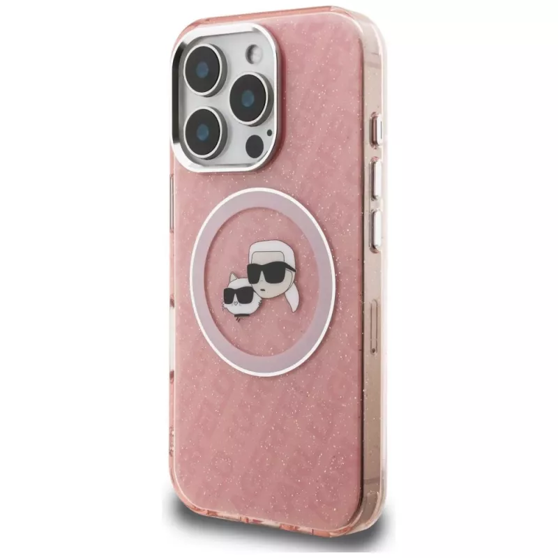 Karl Lagerfeld IML Glitter Karl & Choupette Heads Logo Funda MagSafe para iPhone 16 Pro Rosa