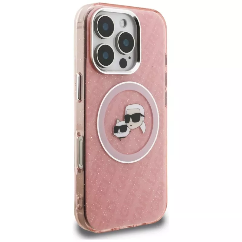Karl Lagerfeld IML Glitter Karl & Choupette Heads Logo Funda MagSafe para iPhone 16 Pro Rosa