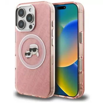 KARL LAGERFELD IML Glitter Karl & Choupette Heads Logo Funda MagSafe para iPhone 16 Pro Max, Rosa