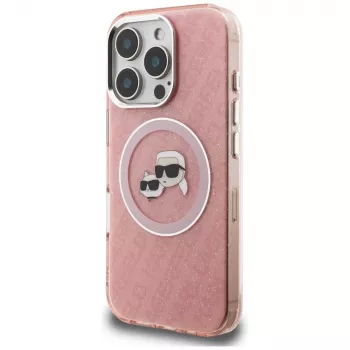 KARL LAGERFELD IML Glitter Karl & Choupette Heads Logo Funda MagSafe para iPhone 16 Pro Max, Rosa