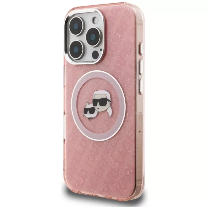 KARL LAGERFELD IML Glitter Karl & Choupette Heads Logo Funda MagSafe para iPhone 16 Pro Max, Rosa