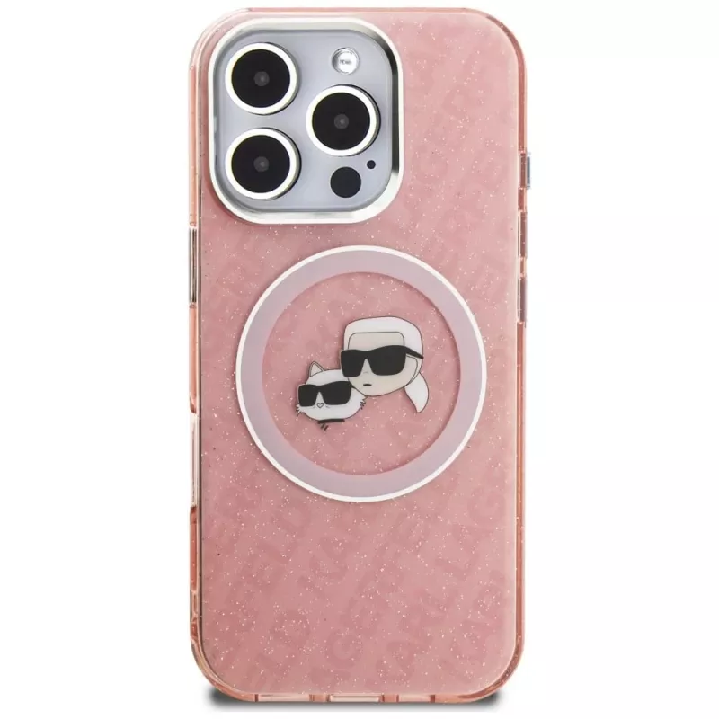 KARL LAGERFELD IML Glitter Karl & Choupette Heads Logo Funda MagSafe para iPhone 16 Pro Max, Rosa