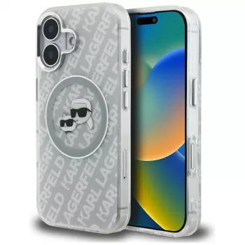 KARL LAGERFELD IML Glitter Karl & Choupette Heads Logo Funda MagSafe para iPhone 16, Gris