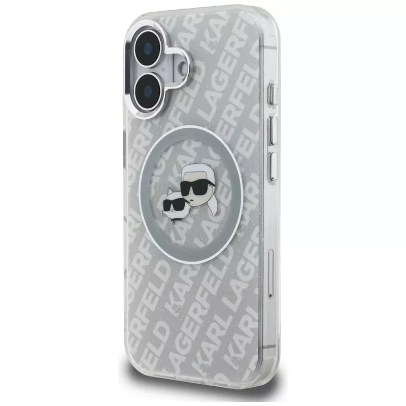 KARL LAGERFELD IML Glitter Karl & Choupette Heads Logo Funda MagSafe para iPhone 16, Gris