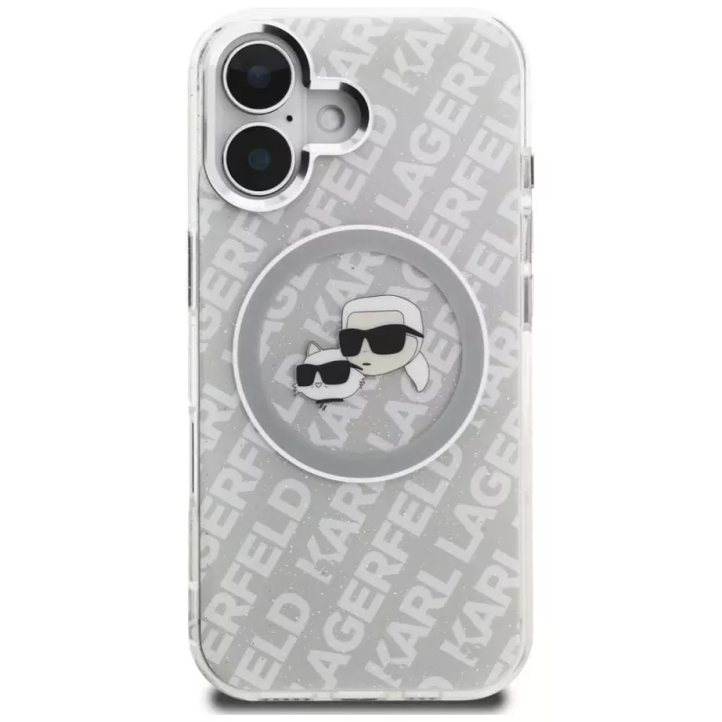 KARL LAGERFELD IML Glitter Karl & Choupette Heads Logo Funda MagSafe para iPhone 16, Gris