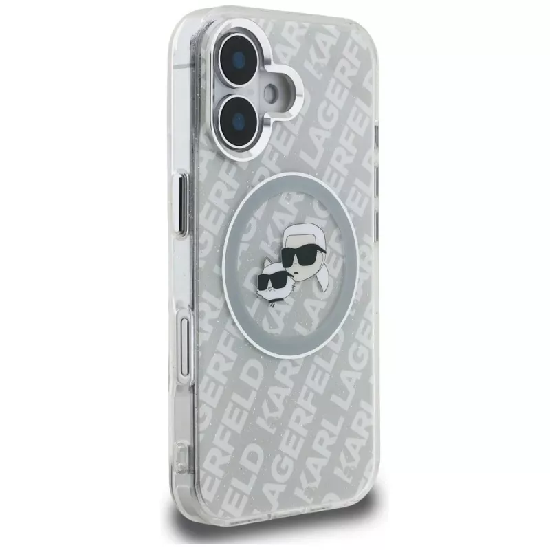 KARL LAGERFELD IML Glitter Karl & Choupette Heads Logo Funda MagSafe para iPhone 16, Gris